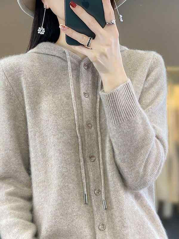 ニット トップス 女性用 秋冬 長袖 フード付き カーディガン ワイドシルエット 接触冷感 ポリエステル ナイロン 切り替え セットインスリーブ 紫色 キャメル ブラック グリーン ベージュ ピンク レッド 通勤用 レイヤード ゆったり スタイリッシュ