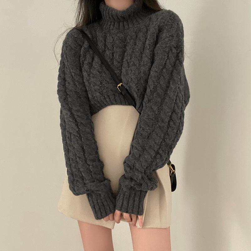 ニット レディース 韓国風 ハイネック 厚手 防寒 プルオーバー ケーブル編み 長袖 ゆったり チュニック トップス 秋冬 あったか かわいい 深灰色 浅杏色