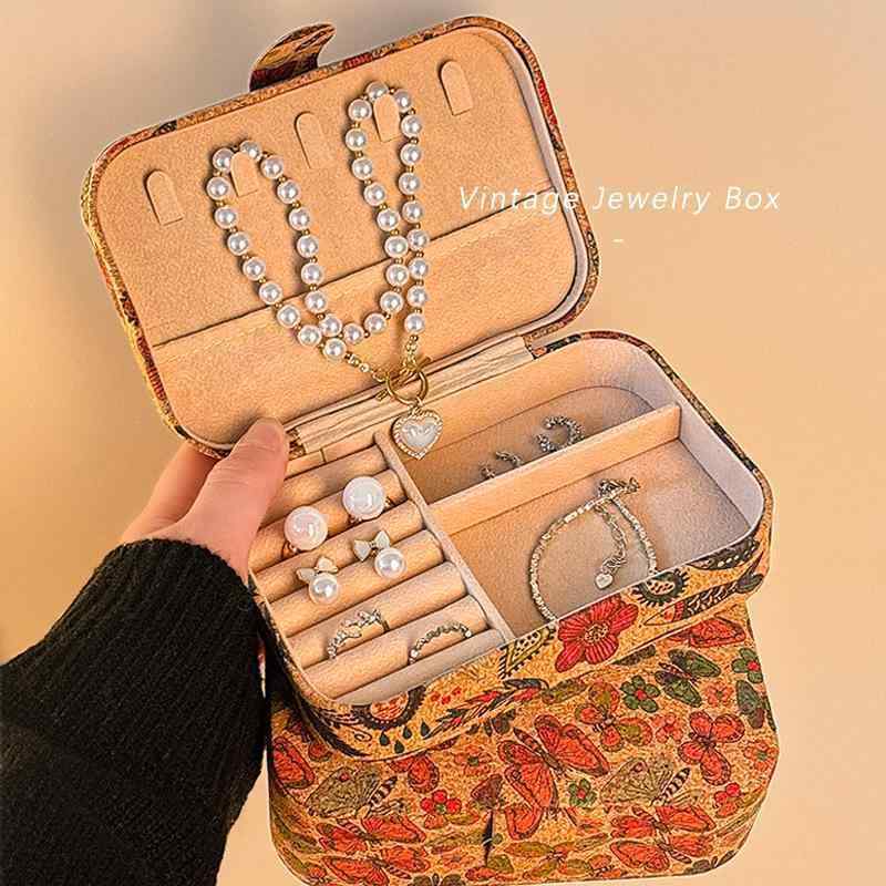 アクセサリーケース レディース 携帯用 小型 リング ネックレス ピアス 大容量 レザー 花柄 バタフライ レトロ