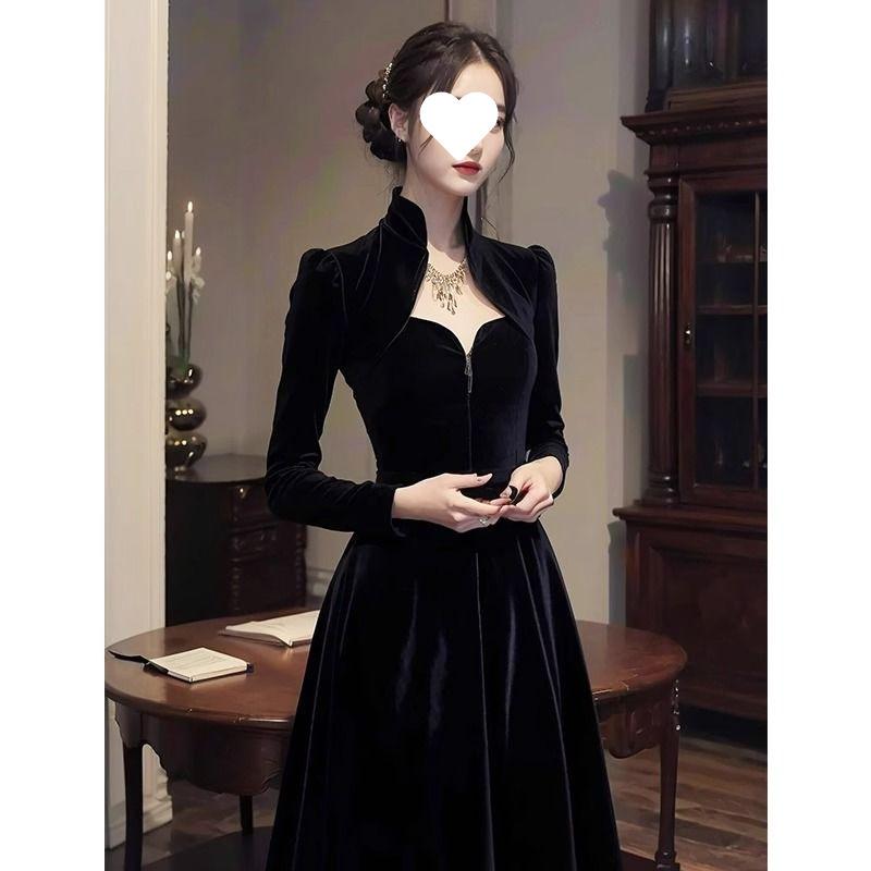 ワンピース レディース 秋冬 黒色 ベルベット Aライン ロングワンピース パーティードレス 結婚式 二次会 立襟 長袖 膝下 エレガント 高見え 6,850円