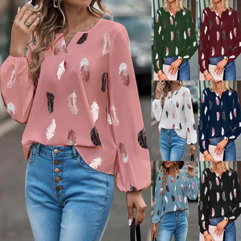 秋冬 Vネック 羽毛プリント 長袖 ルーズフィット Tシャツ トップス 女性用 通勤スタイル 気質 エレガント 雪?素材 ポリエステル 免?加工 喇叭袖 彩色プリント 普通丈 ホワイト ピンク ブラック ワインレッド グリーン ライトブルー ダークブルー