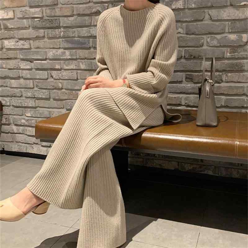 編み物 セットアップ レディース 韓国風 心地よい ゆったり 着痩せ プルオーバー ワイドレッグパンツ 2点書き割り 雅びやか 今めかしい 無地 長袖 秋冬