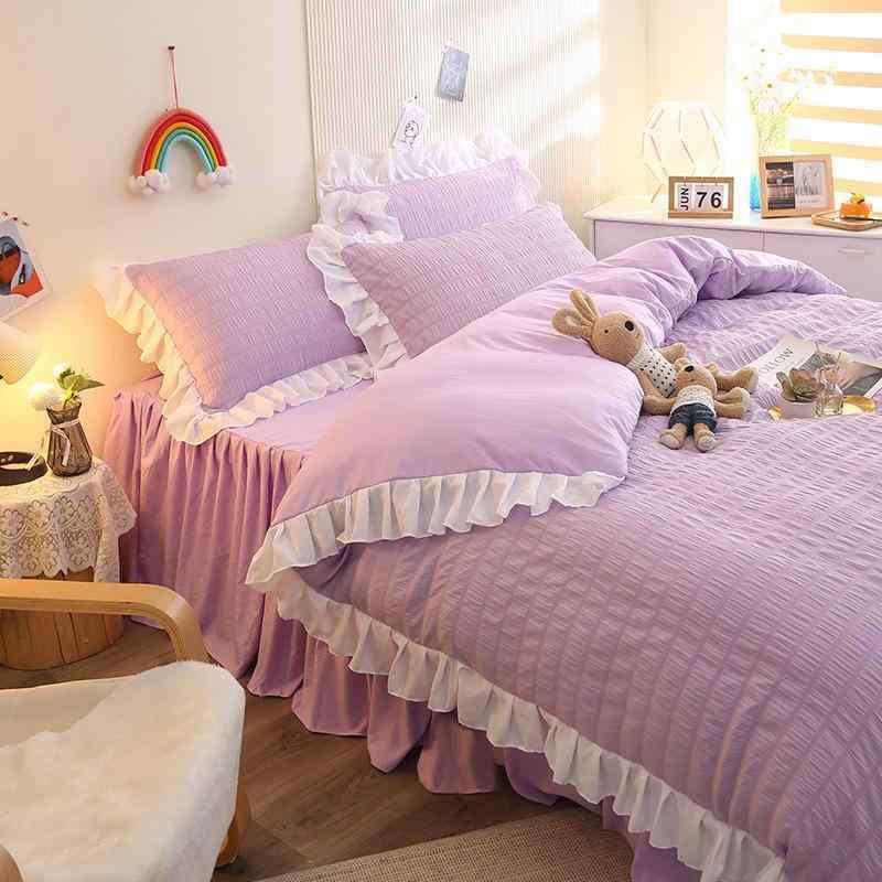 寝具カバーセット レディース 全綿 ベッドスカート式 ベッド用品 シングル ダブルサイズ 無地 フリル付き 姫系 韓国風 ウォッシュドコットン 4点セット