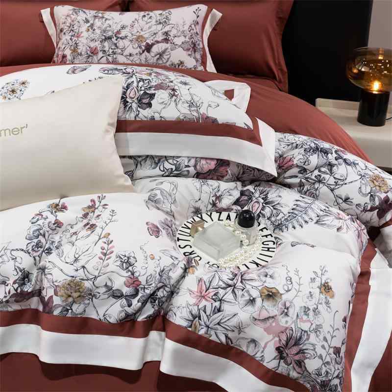 寝具 4点セット 天?棉 レーヨン ベッドシーツ 掛け布団カバー 植物柄 花柄 春夏 涼感 接触冷感 1.5m 1.8m 2m ベッド