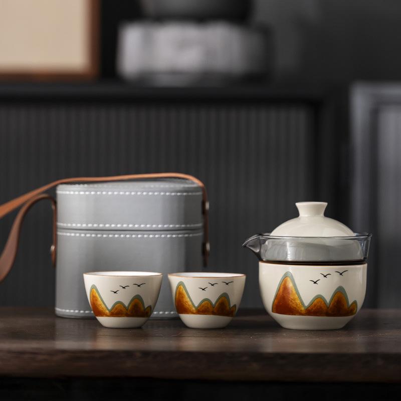 茶器 アウトドア 携帯用 陶器 茶具 セット 一式 急須 湯呑み 3客 ビジネス 記念品 ギフト 中国トレンド