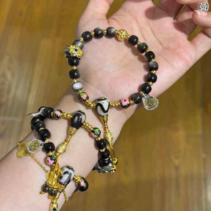 ブレスレット メンズ レディース 天然石 シルバー オブシディアン 景泰藍 ビーズ 数珠 ファッション アクセサリー 男女兼用 新中式 個性 トラベル ラッキーアイテム