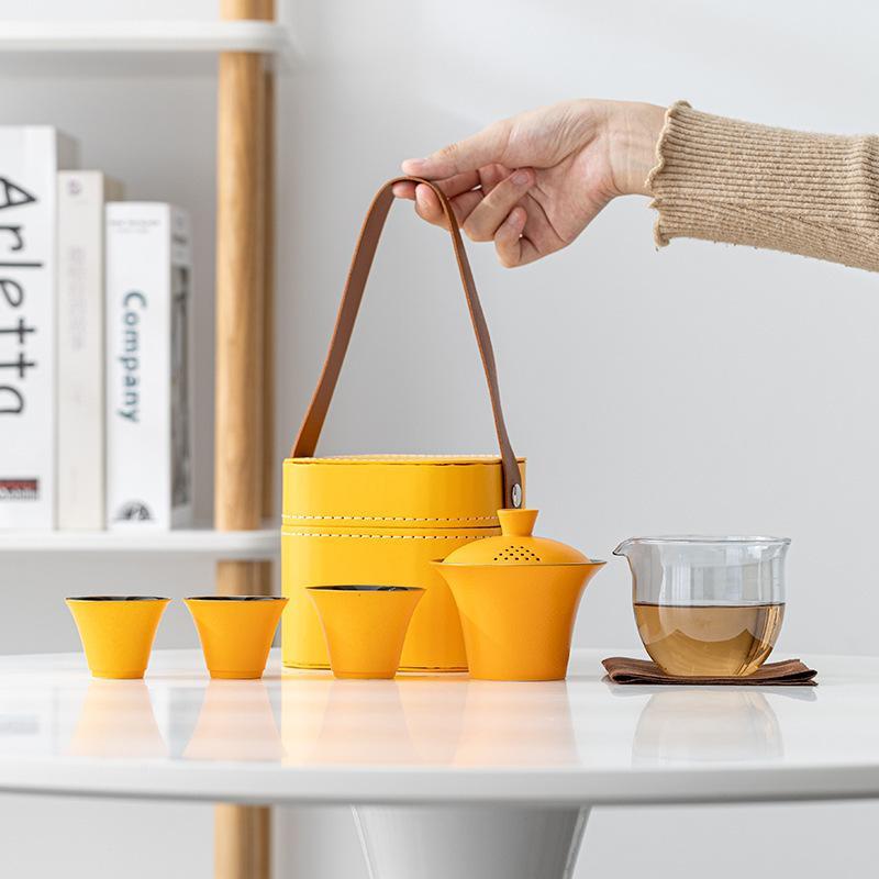 茶器 携帯式 茶器セット 陶器 急須 湯呑み 3点セット 蓋碗 シンプル 家庭用 アウトドア ティーセット 旅行用 磨砂 黄色 黒 白 赤 緑