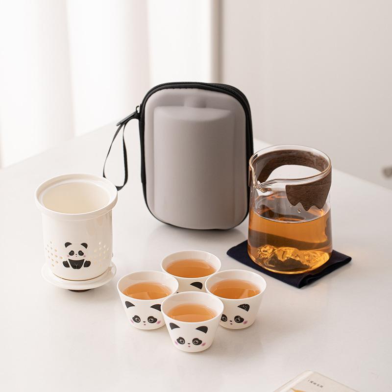 茶器セット レディース ポータブル 茶壺 茶杯 陶器 4客 アウトドア キャンプ 携帯用 かわいい パンダ