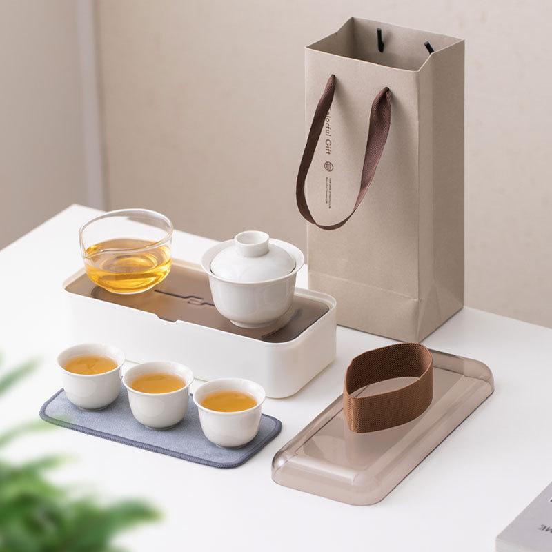 茶器セット 携帯用 ミニ 茶盤付き 旅行用 快客杯 蓋碗 磁器 白