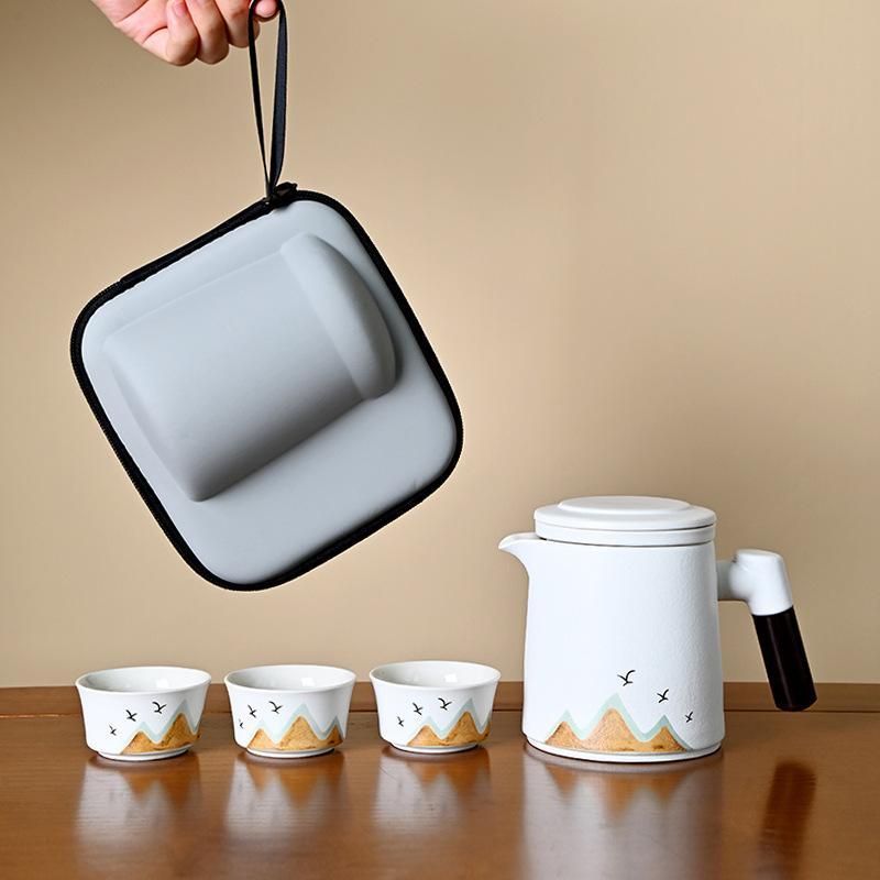 茶器セット 携帯式茶器 蓋付き フィルター付き 旅行用 湯呑み ティーポット 陶器 千里江山 紅 橘 青 白 黒 新中式