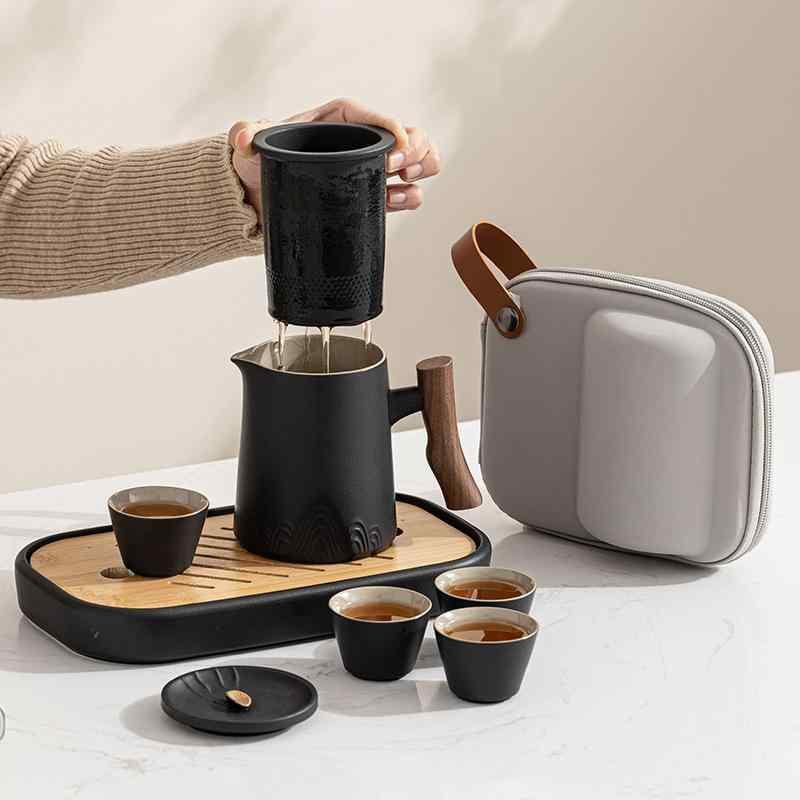 茶器 携帯用 旅行茶セット 茶道具 陶器 ティーポット 茶碗 茶こし付き 多人数用 4人用