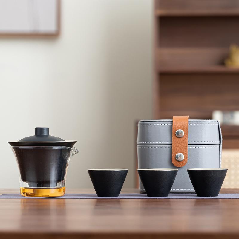 茶器 携帯式 陶瓷 功夫茶具 セット 一? 三杯 ビジネス ギフト 記念品 贈答品 ティーセット ミニ コンパクト 茶道 道具 ?? 徳化 ?色 オレンジ色 赤色 青色 黒色