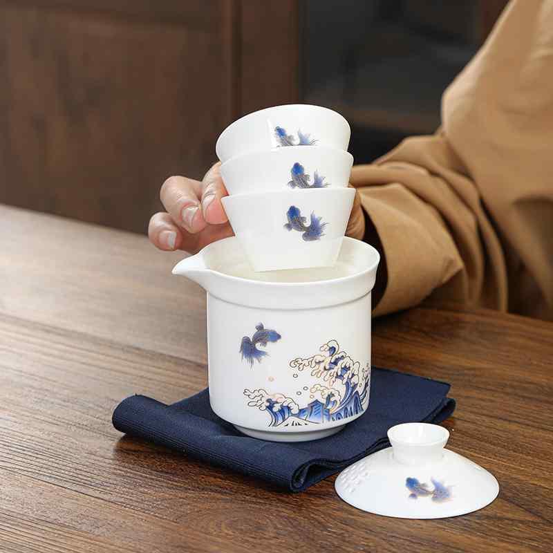 茶器 旅行茶具 羊脂玉磁 磁器 携帯用 功夫茶器 セット 3客 快客杯 ティーセット 白 金縁 パンダ 記念品 ギフト
