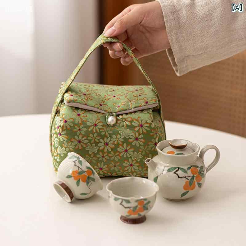 茶器 携帯用茶器セット 茶壺 茶杯 2客 収納バッグ付き 陶器 ティーセット 茶道道具 普段使い ギフト