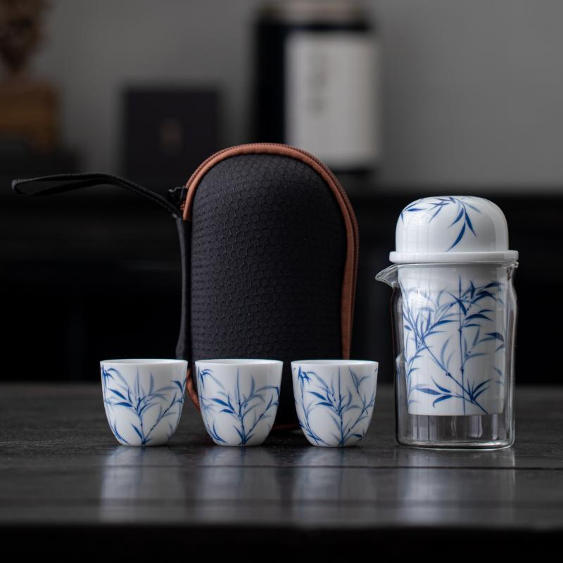 茶器 陶器 竹柄 携帯型 茶器セット 急須 湯呑み 3点セット 手描き染付 快客杯 ティーセット 新中式