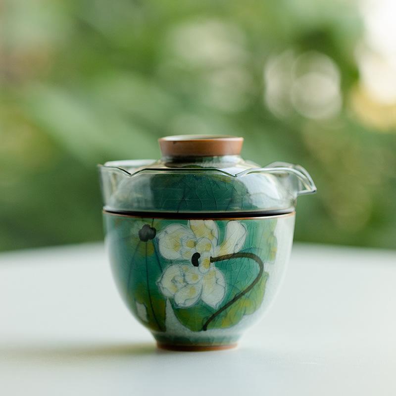 茶器 レディース 瀬戸もの portable 茶具 仕掛ける 氷片釉 夏荷柄 墨付き 急須 湯呑み 軽さ ティーセット 通い 普段使い アウトドア-スポーツ・アウトドア-その他