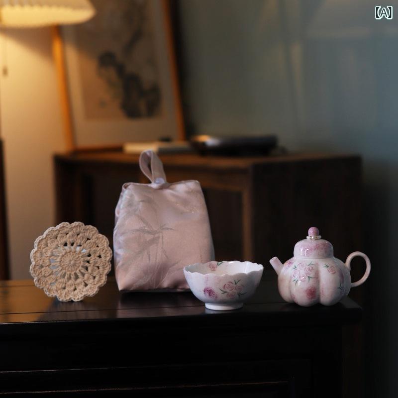 茶器 ティーセット 陶瓷 ??セット 手描き ・摩瑰 薔薇 ローズ 花柄 中国風 功夫茶 旅行用 携帯用 4点セット