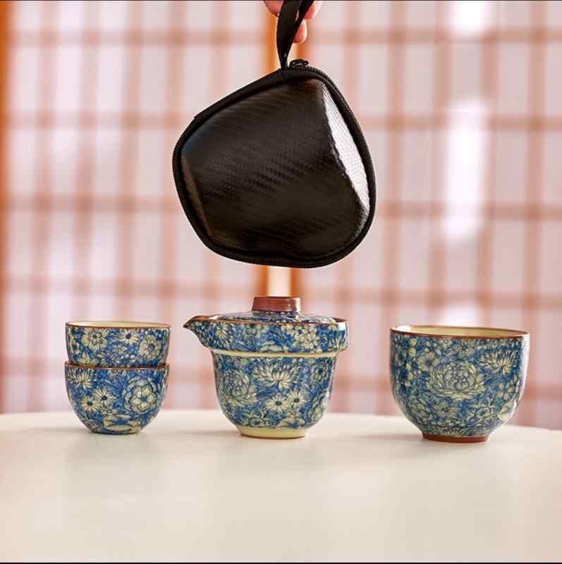 茶器 竹節 旅行用 携帯型 収納 セット 汝・凅 陶瓷 ティーポット カップ 3客 湯呑み