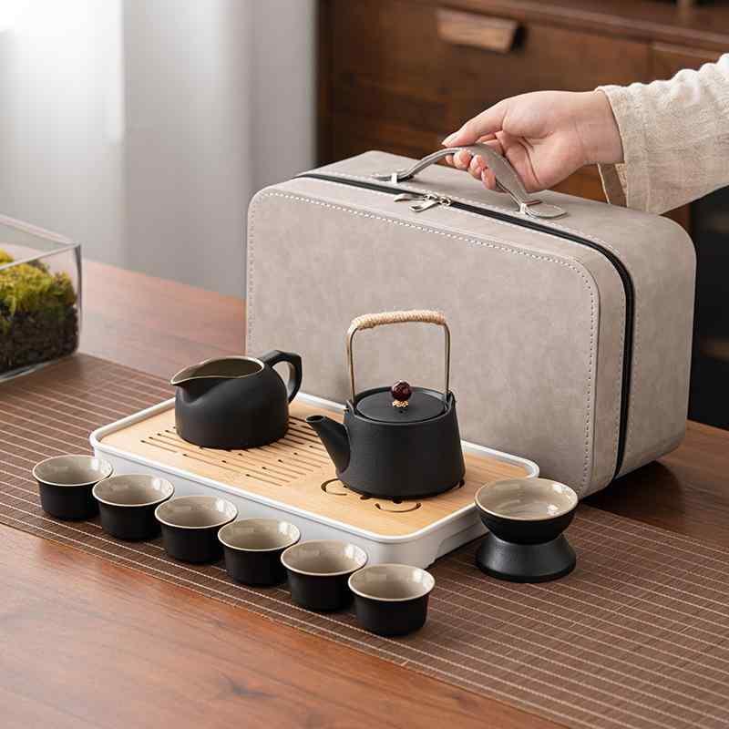 茶器セット 携帯用 茶盤 陶器 新中式 旅行用 粗陶 ティーセット 提梁壺 西施壺