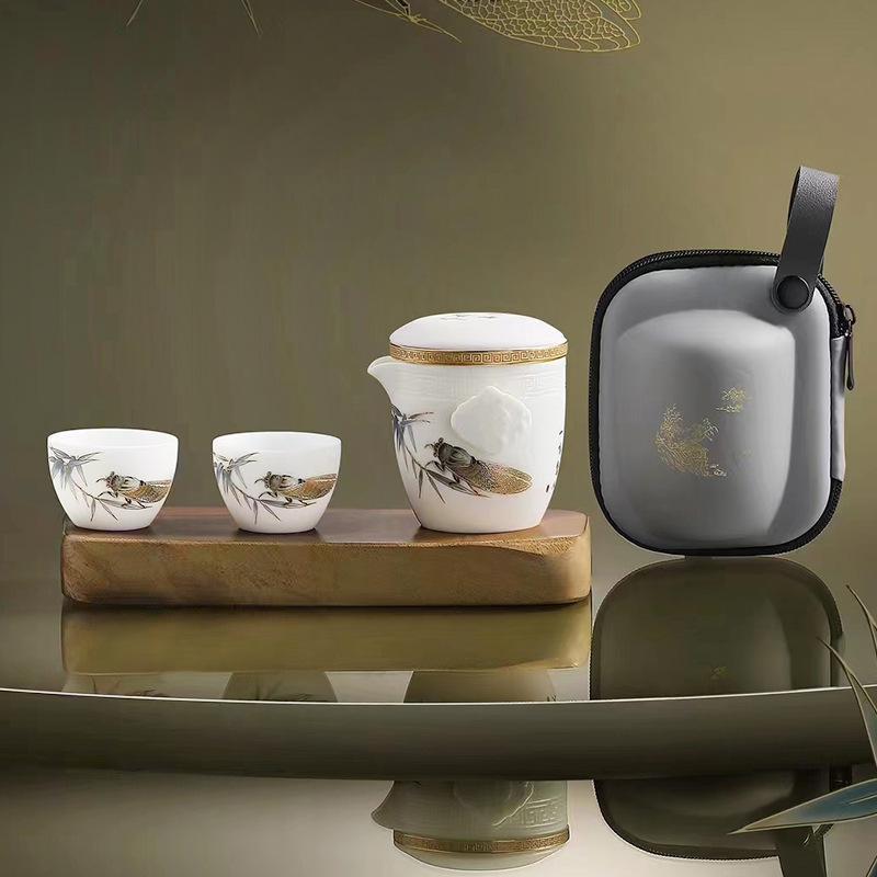茶器セット 旅行用 携帯用 羊脂玉磁 陶器 急須 湯呑み 2客 アウトドア ??スタイル 誕生日 記念日