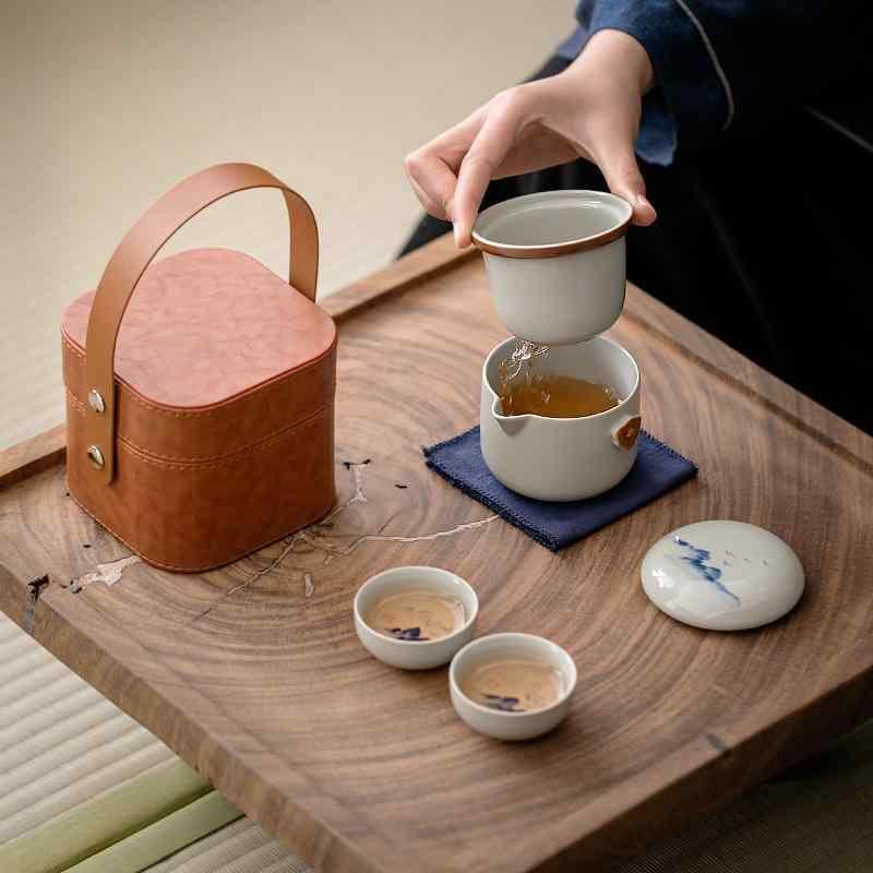 茶器セット レディース メンズ 携帯型 手描き 陶器 旅行用 茶器セット 快客杯 2客 釉下彩 ティーセット 新中式 軽量 アウトドア