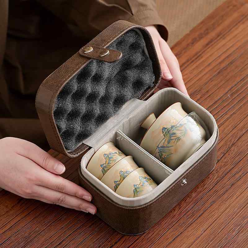 茶器セット 旅行用 携帯型 陶器 草木灰 釉薬 ティーセット 蓋碗 急須 湯呑み 3点セット アウトドア 新中式