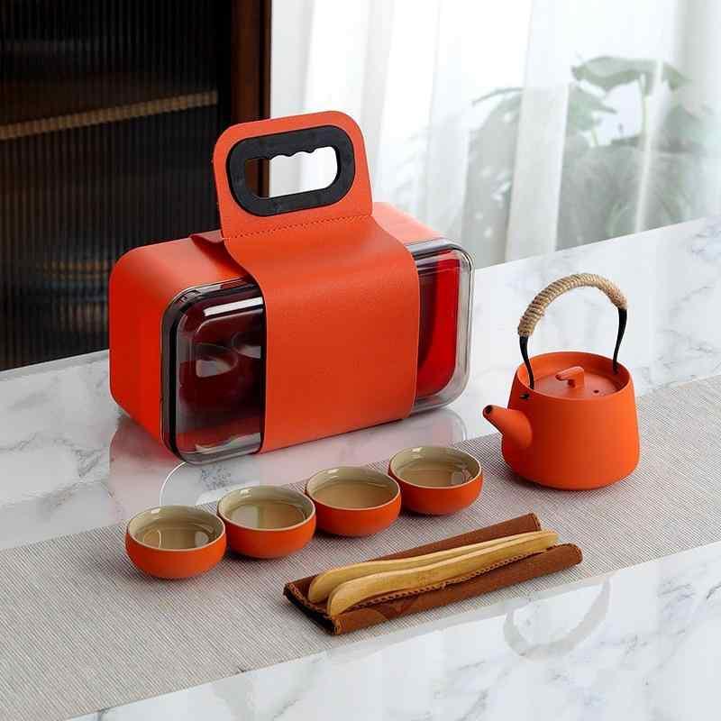 茶器 旅行用 功夫茶器セット ガラス ティーポット 湯呑み 携帯用 陶器 クイックカップ アウトドア ビジネス 橙 緑 黒 赤 米黄