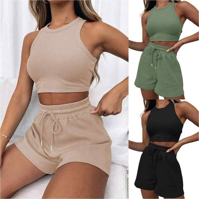 レディース 無袖 ワッフル トップス ショートパンツ セット 春夏 ?? ポリエステル 吸湿速乾 軽量 伸縮性 カジュアル 街頭スタイル 欧米風 個性派 普段使い 通勤対応 無地 無地 背心 背心 短め丈 2点セット 女性用 ファッション コーディネート