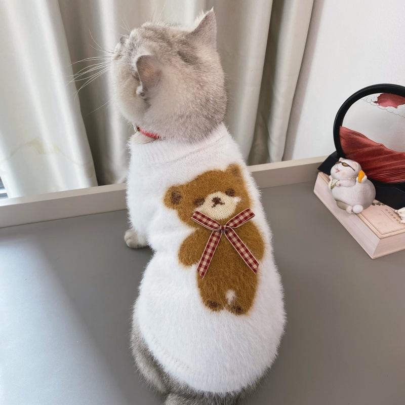 ペット服 犬 猫 冬 ニット セーター かわいい クマ 厚手 防寒 パープル ピンク 水色 ホワイト 小型犬 暖か あったか お洒落 ペットウェア