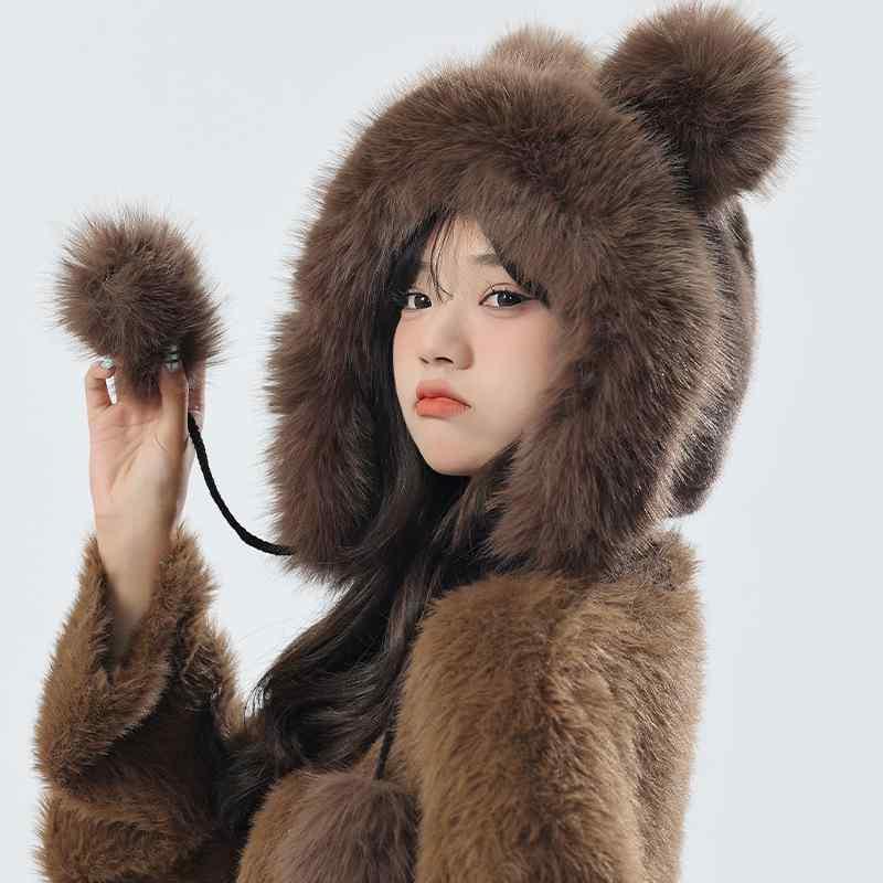 帽子 レディース 小熊耳付き 防寒 秋冬 韓国 かわいい 毛皮 ふわふわ 暖か イヤーマフ付き ブラック ピンク系