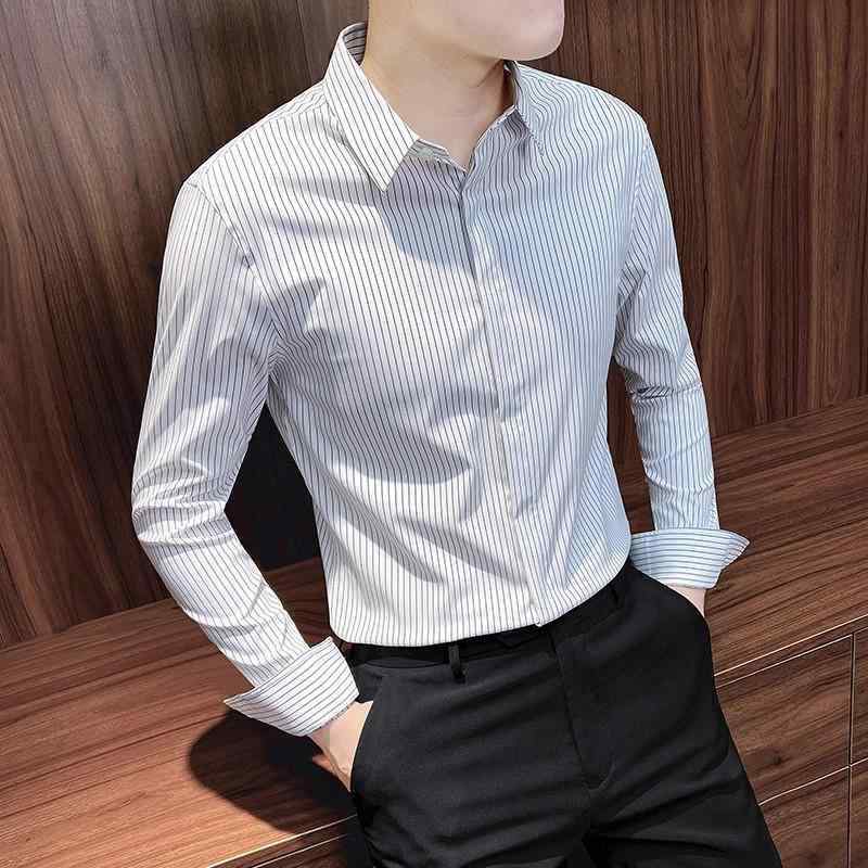 シャツ メンズ 男性用 ストライプ柄 長袖 半袖 形態安定 ビジネス カジュアル トップス 薄手 ポリエステル ホワイト ブラック グレー ブルー