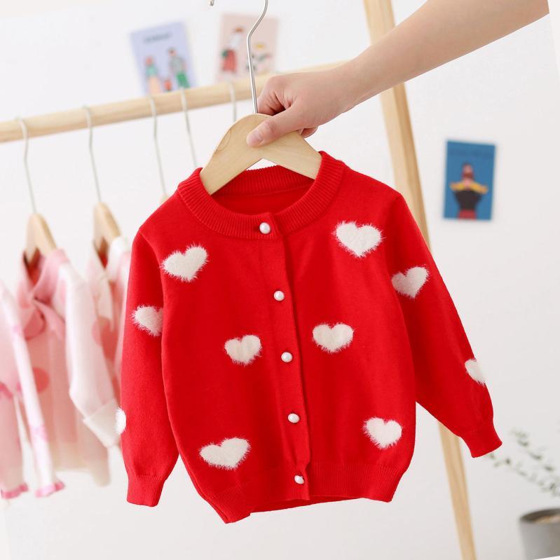 ニットカーディガン 女の子 キッズ 子供服 トップス 春秋 長袖 丸首 ミルキーホワイト ピンク系 レッド 100 110 120 130 140