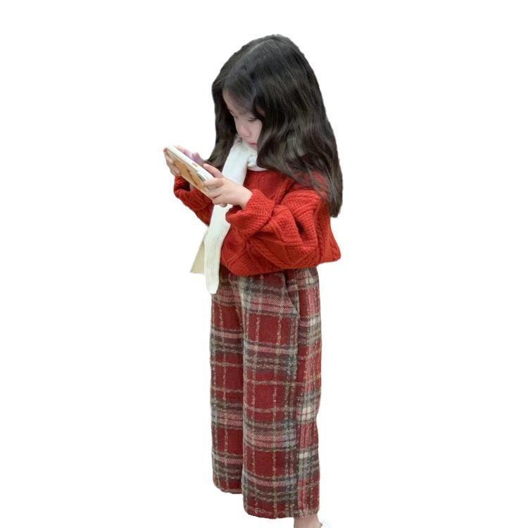 ニット・セーター キッズ 女の子 韓国風 子供服 ケーブル編み 長袖 トップス チェック柄 パンツ 裏起毛 秋冬 かわいい 普段着