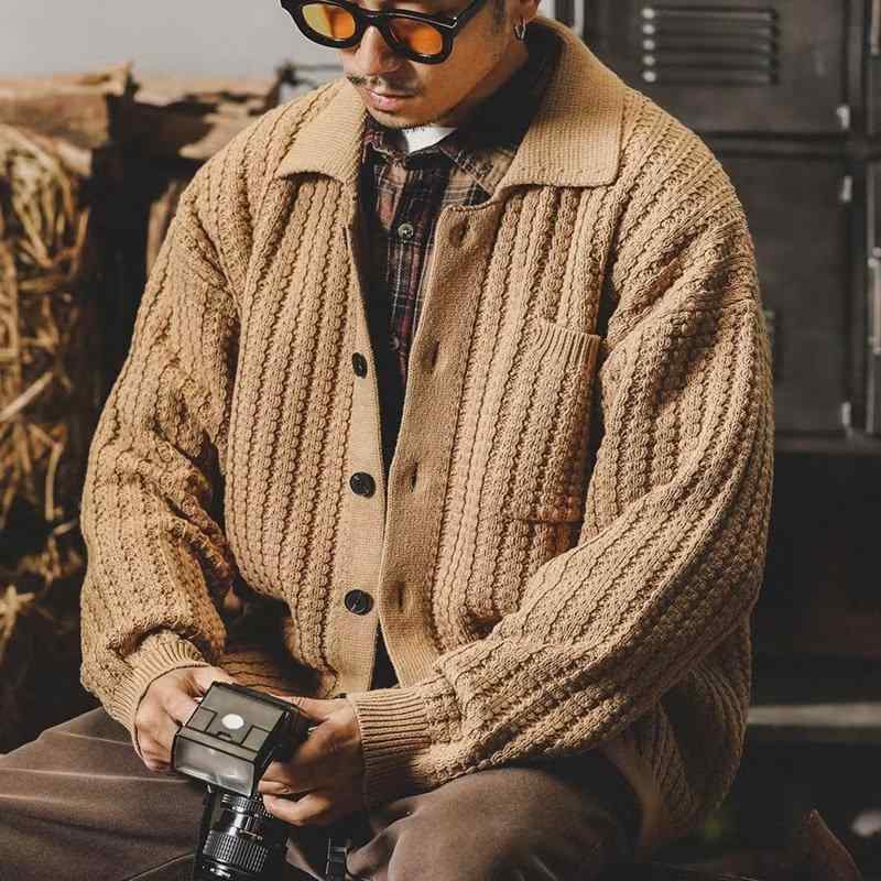 カーディガン メンズ ニット 厚手 秋冬 ゆったり 丸首 配色 長袖 トップス プルオーバー 洗える カジュアル 韓国風 ブラック カーキ M L XL 2XL 3XL 4XL 5XL