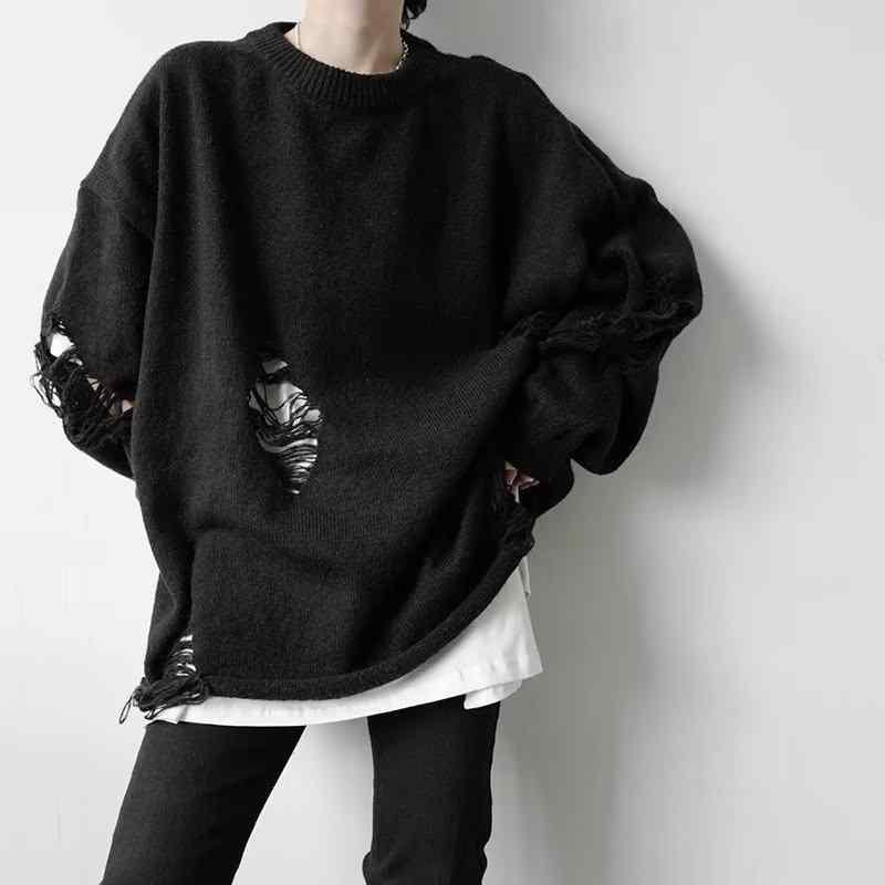 ニット メンズ ダメージ加工 Vネック 韓国風 ストリート系 白 黒 ポリエステル 普段使い
