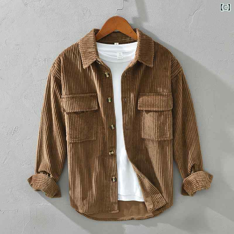 シャツ メンズ 男性用 コーデュロイ 長袖 トップス カジュアル 普段使い ルーズフィット 厚手 秋冬 グリーン 紺色 コーヒー