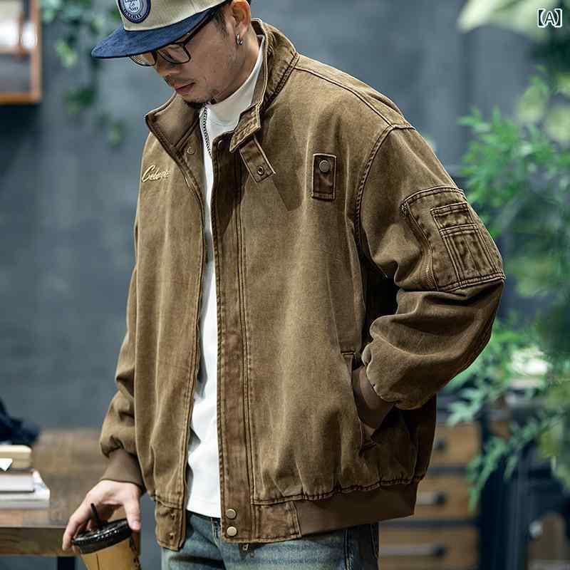 上衣 メンズ 立襟 細工物上衣 上衣 成人男性用 レトロ 厚地の外套大きさ 綿織物 無地 秋 黒いこと系 カーキ系 赤いこと系