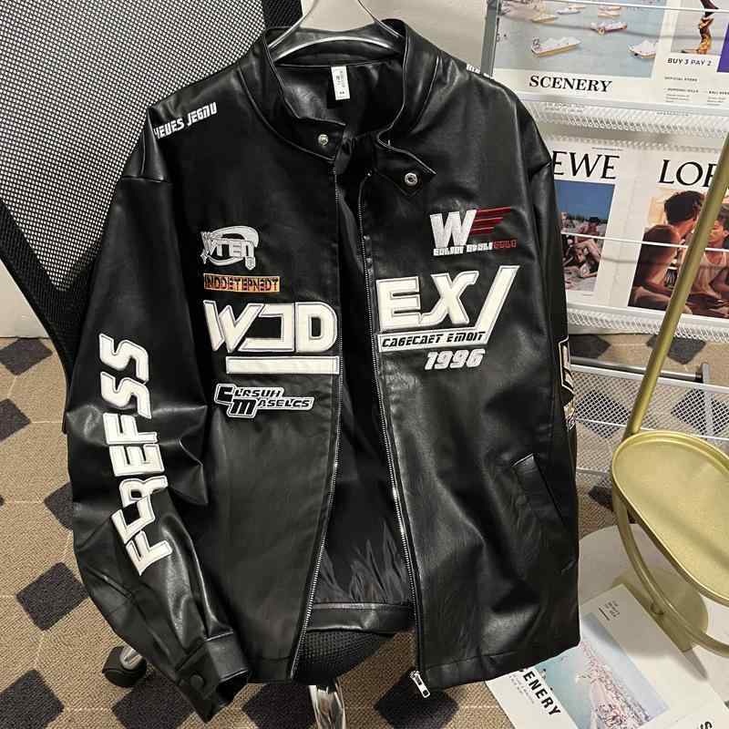 レザージャケット メンズ バイク 刺繍入り PUレザー ライダースジャケット スタンドカラー ブルゾン ジャンパー アウター 秋冬 ブラック
