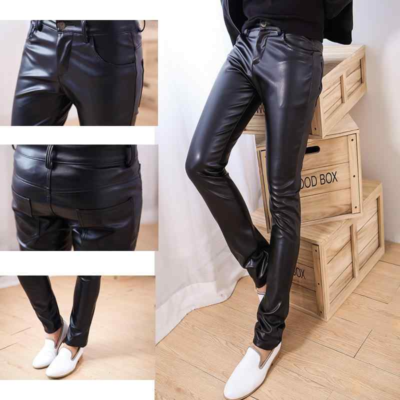 メンズ ロングパンツ PUレザー 黒 スリムフィット 細脚 直筒型 中腰 厚手 微弾性 再生繊維 春 秋 青年向け 韓国風 普段使い カジュアル 伸縮性 軽量 通勤 デイリー ハイウエスト風