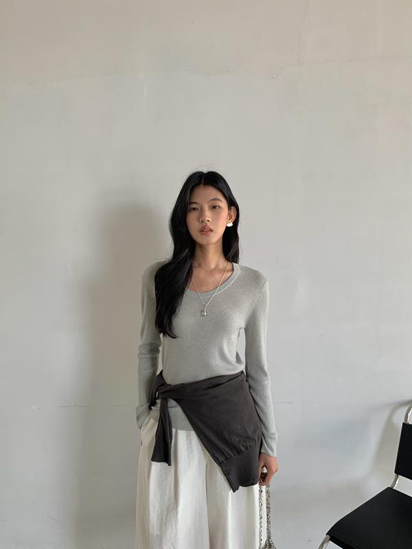 ニット レディース 春物 韓国風 スリム 長袖 Tシャツ 羊毛 トップス Uネック プルオーバー 航線ブルー 鉱石色 グレーブラウン オフホワイト クリーム杏色 ピンク ブラック