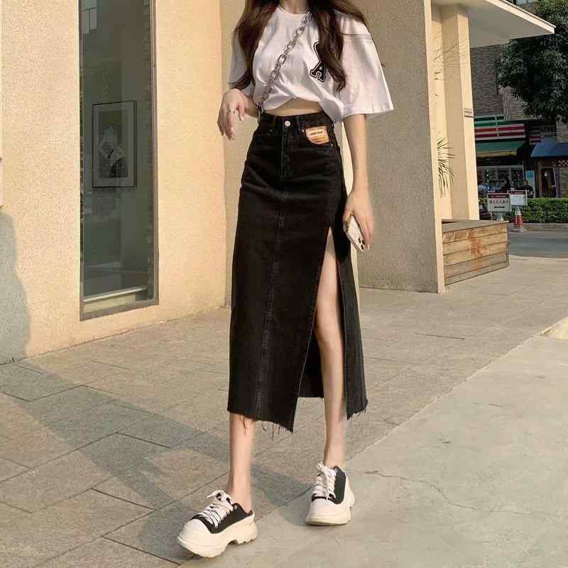 スカート 女性用 デニム ハイウエスト サイドスリット 膝丈 Aライン 包み込み ブラック コットン 素材 夏 通勤 スタイル 普段使い 軽量 伸縮性 スリムフィット ミディ丈 フレア シルエット