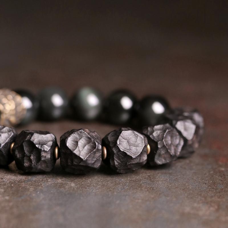 ブレスレット メンズ 黒曜石 数珠 男性用 レトロ 流行 個性 アクセサリー ハンドメイド ブラック