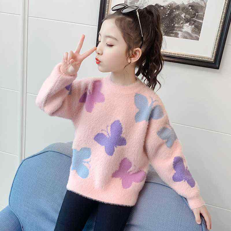 ニット・セーター ガールズ キッズ 子供服 女の子 トップス 秋冬 裏起毛 暖かい かわいい 蝶 バタフライ ピンク系 オフホワイト 110 120 130 140 150 160