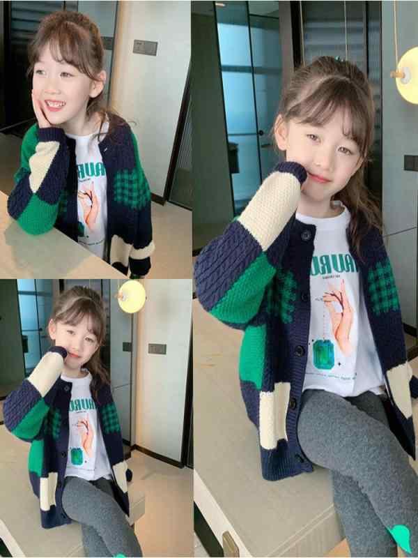 ニット カーディガン ガールズ 子供服 配色 トップス かわいい おしゃれ 春秋 長袖 ポリエステル100% 普段着 お出かけ着 緑