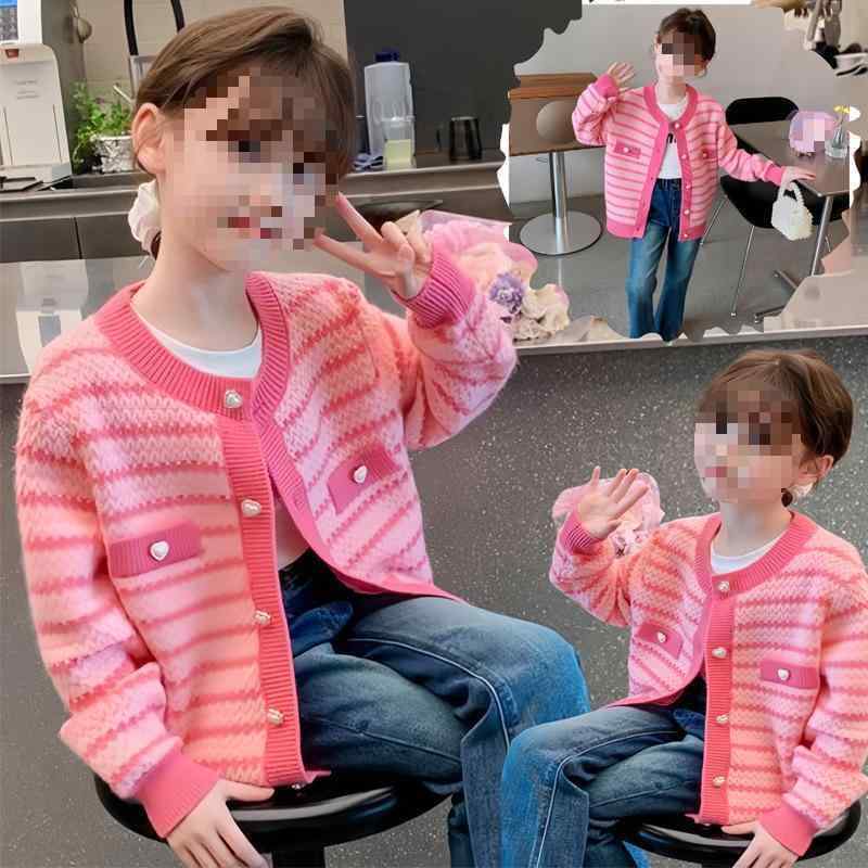 カーディガン キッズ 女の子 子供服 春秋 ニット かわいい おしゃれ ピンク ストライプ トップス 羽織り 綿100