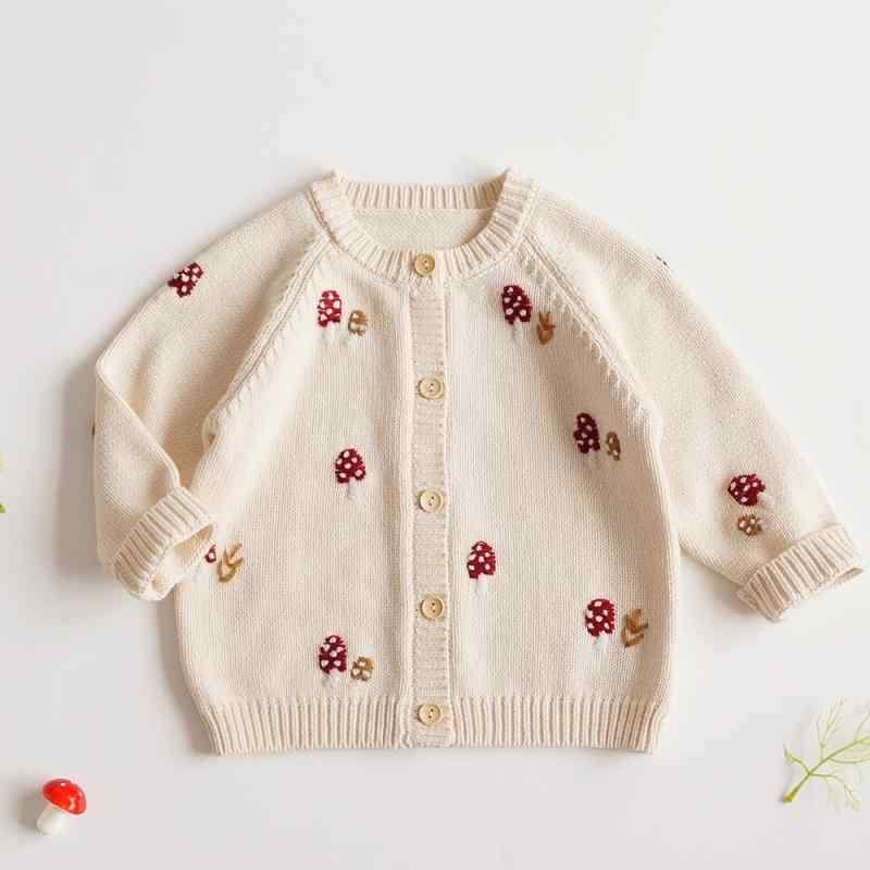 子供服 カーディガン 女の子 ニット コットン 春秋 刺繍 マッシュルーム ベビー セーター 丸首 長袖 かわいい おしゃれ 普段着 ベージュ系
