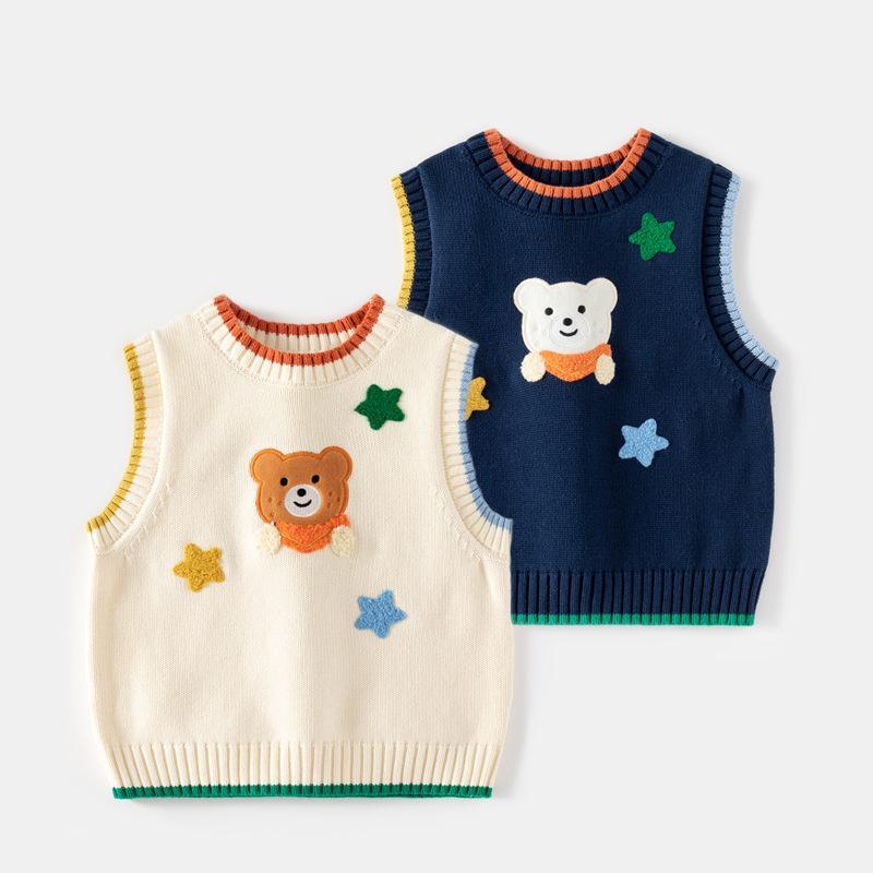 子供用ニットベスト 男の子 ベビー服 ノースリーブプルオーバー カートゥーンクマ刺繍 トップス ミディアム丈 コットン 紺色 オフホワイト
