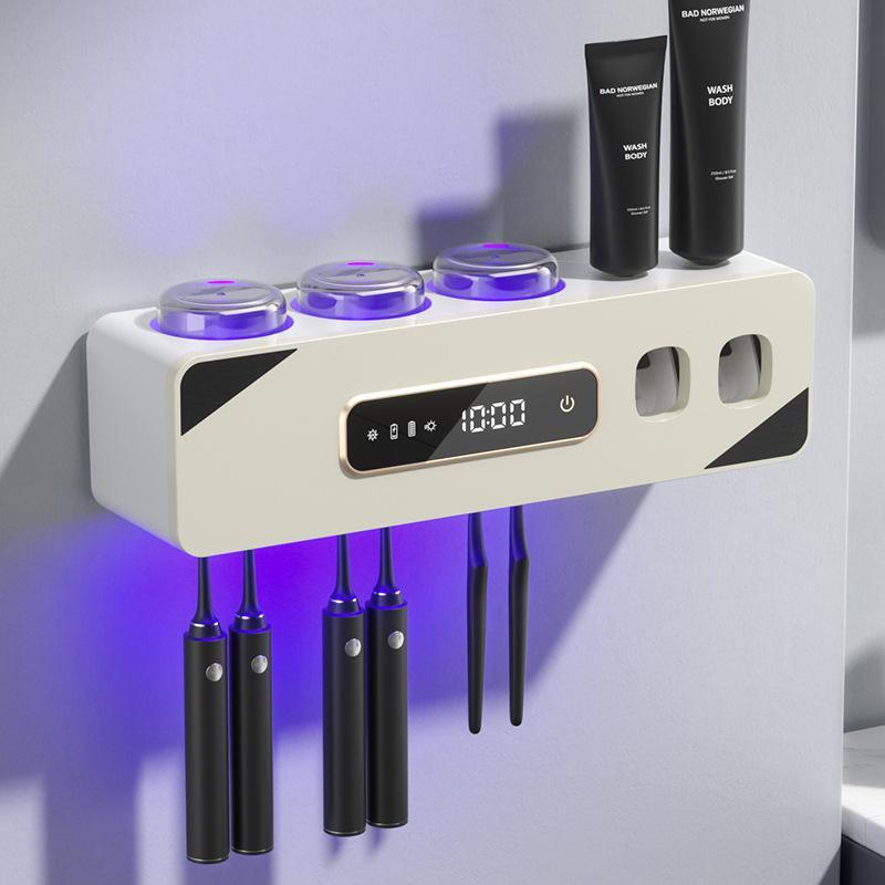 歯ブラシホルダー 壁掛け式 歯ブラシ消毒器 乾燥 除菌 スマートタッチ ABS PP 吸盤式 グレー 米白