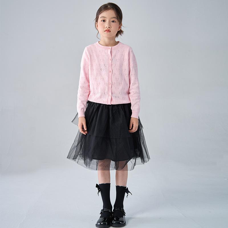ニット カーディガン 女の子 キッズ 薄手 長袖 コットン トップス アウター 春秋 無地 桜んぼ ハート 菱形 ホワイト ピンク系