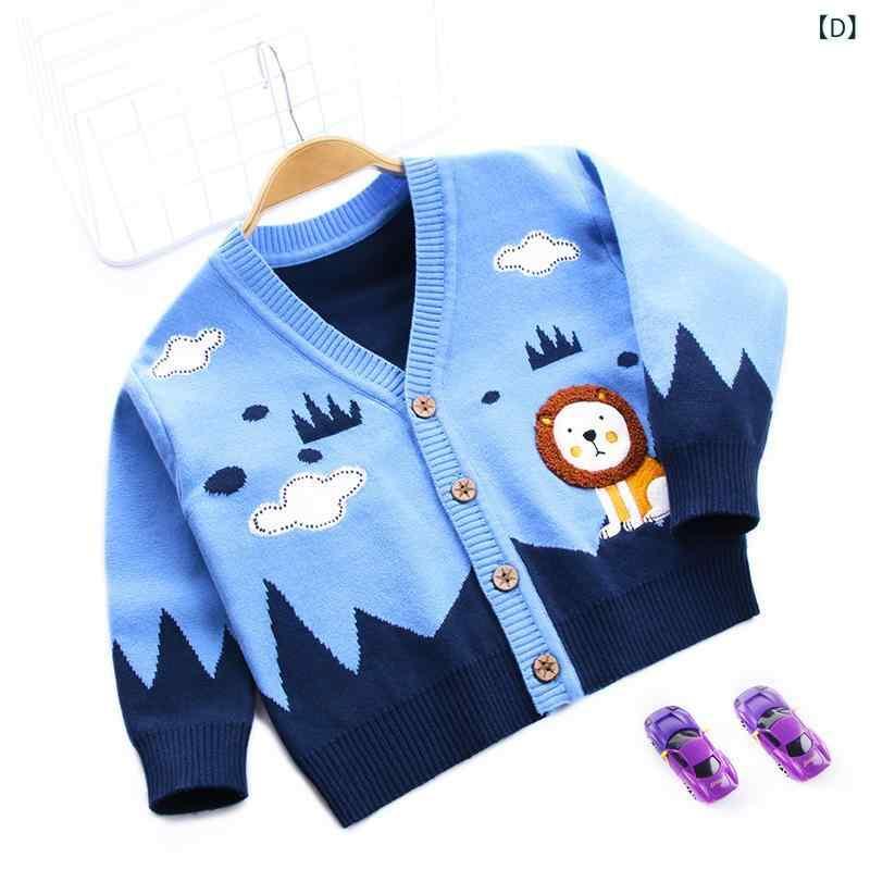 ニット・セーター キッズ 男の子 子供服 Vネック カーディガン 刺繍 ライオン 綿 長袖 秋冬 90cm 100cm 110cm 120cm 130cm 140cm ブルー グリーン ベージュ